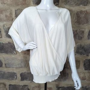 Zara Knit NEW Faux Wrap Cream Blouse Woman's Size Large Short Flutter Sleeve